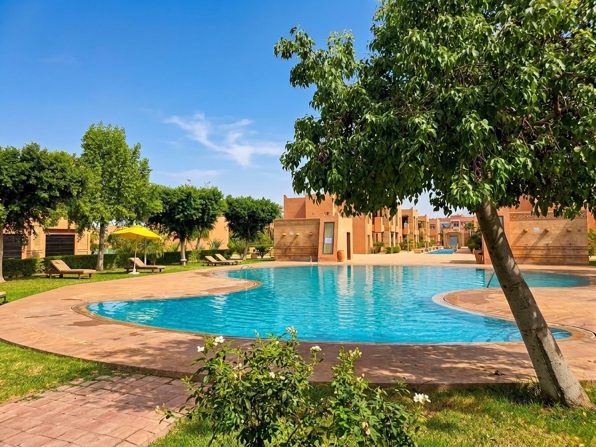 Très Joli Duplex à louer vide de 3 chambres avec cheminée, Terrasse, Jardin et garage privatifs, dans une résidence avec piscine collective sur la route d'ourika ( 6 km seulement ) - Marrakech